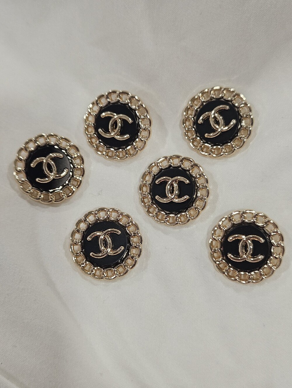 Chanel CC Logo Chain Border Buttons Set of 6 Black Gold Tone 22.8mm